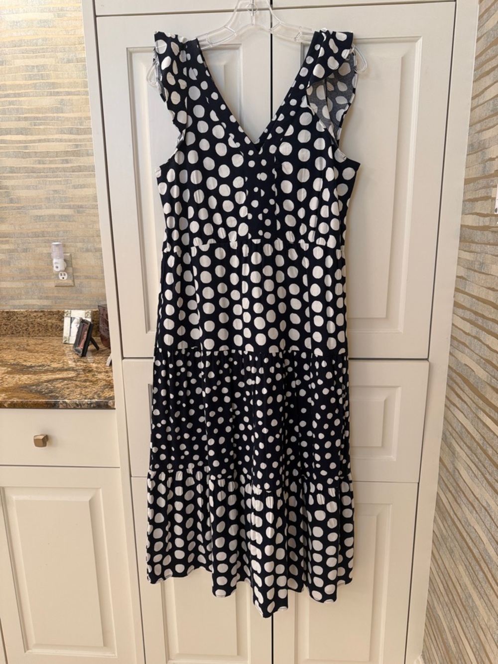 LOFT Navy and White Polka Dot Tiered Midi Dress